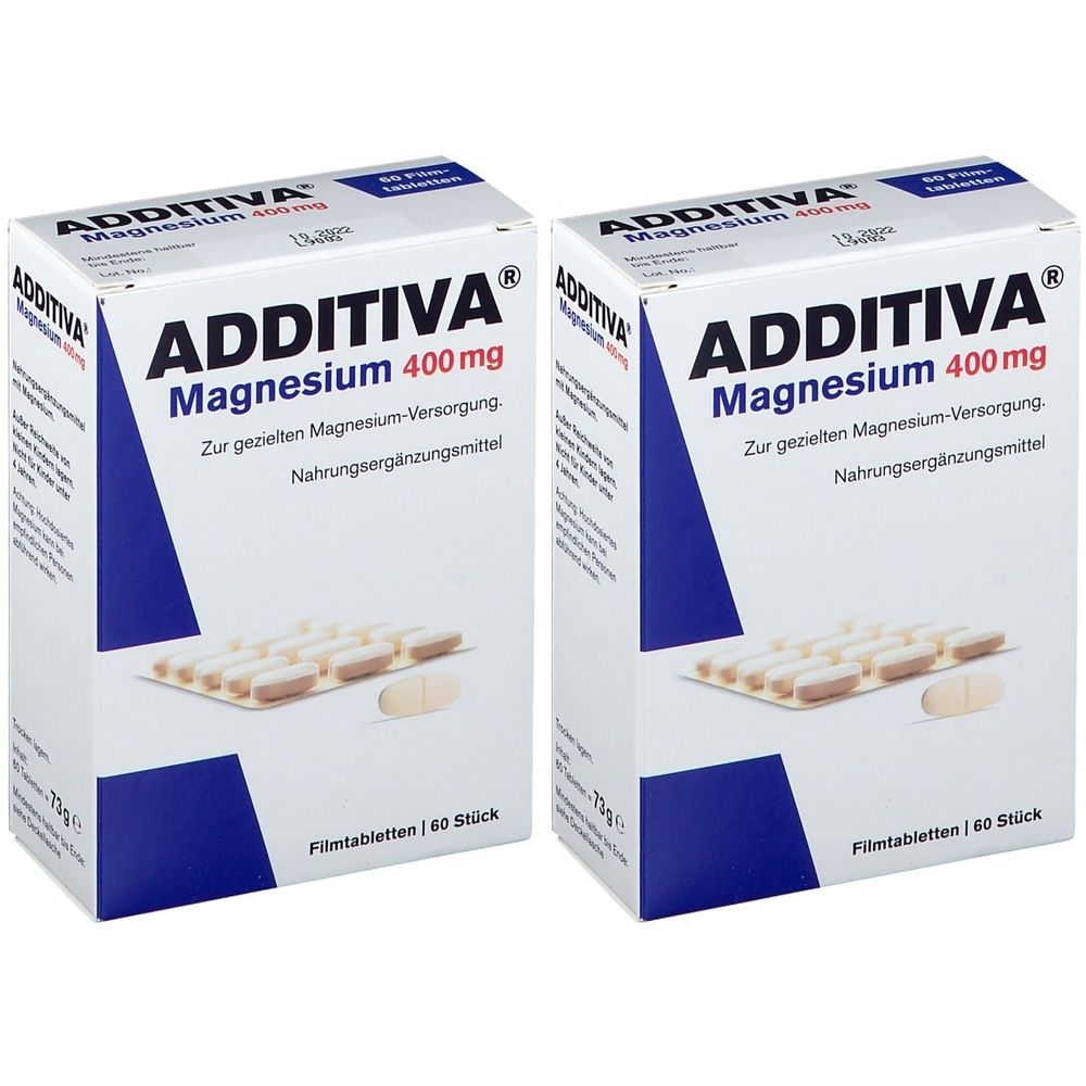 Zwei Kartons ADDITIVA Magnesium 400 mg. Weiße Schachteln mit blauer Ecke, Tabletten in Blistern. Schriftzug und Produktname deutlich sichtbar.