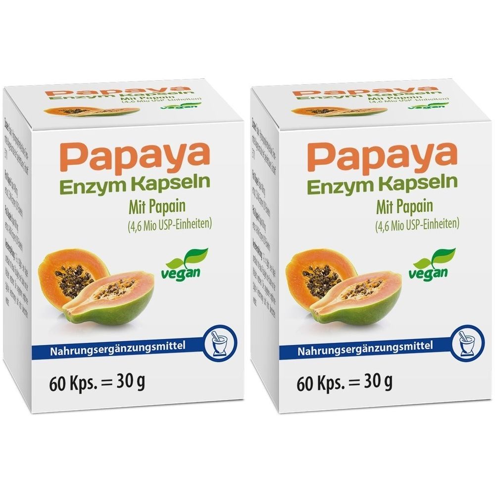 Zwei weiße Kartons mit Papaya Enzym Kapseln. Aufdruck: Papaya, Enzym Kapseln, Mit Papain, vegan. Abbildung: Papaya-Hälften.