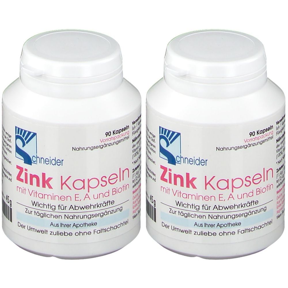 Zwei weiße Flaschen mit Etiketten. Aufschrift: Schneider Zink Kapseln mit Vitaminen E, A und Biotin. 90 Kapseln. Nahrungsergänzungsmittel.