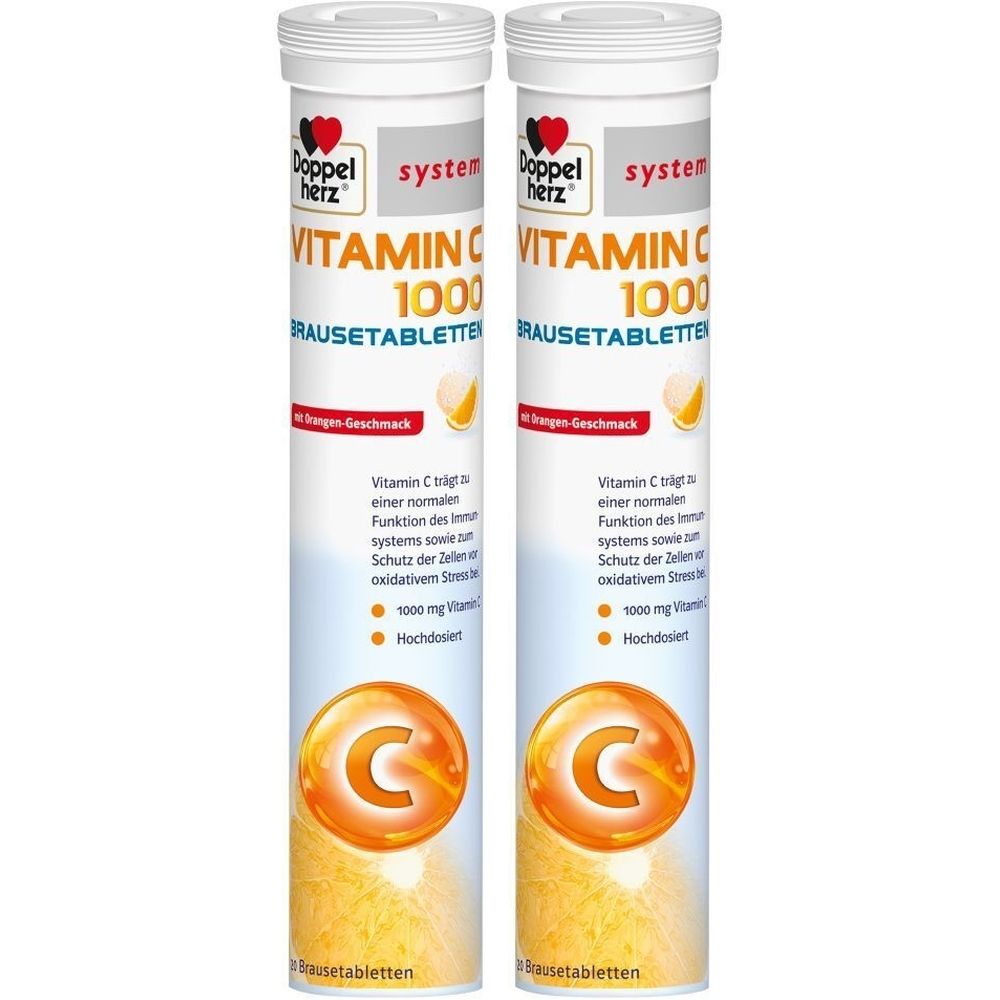 Zwei zylindrische Behälter mit Doppelherz Vitamin C 1000 Brausetabletten. Weiße Kappen, orangefarbene Schrift und Illustrationen.