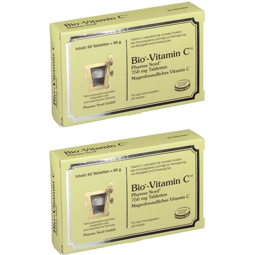 Zwei Schachteln Bio-Vitamin C. Aufschrift: Pharma Nord, 750 mg Tabletten, magenfreundliches Vitamin C. Inhalt: 60 Tabletten.