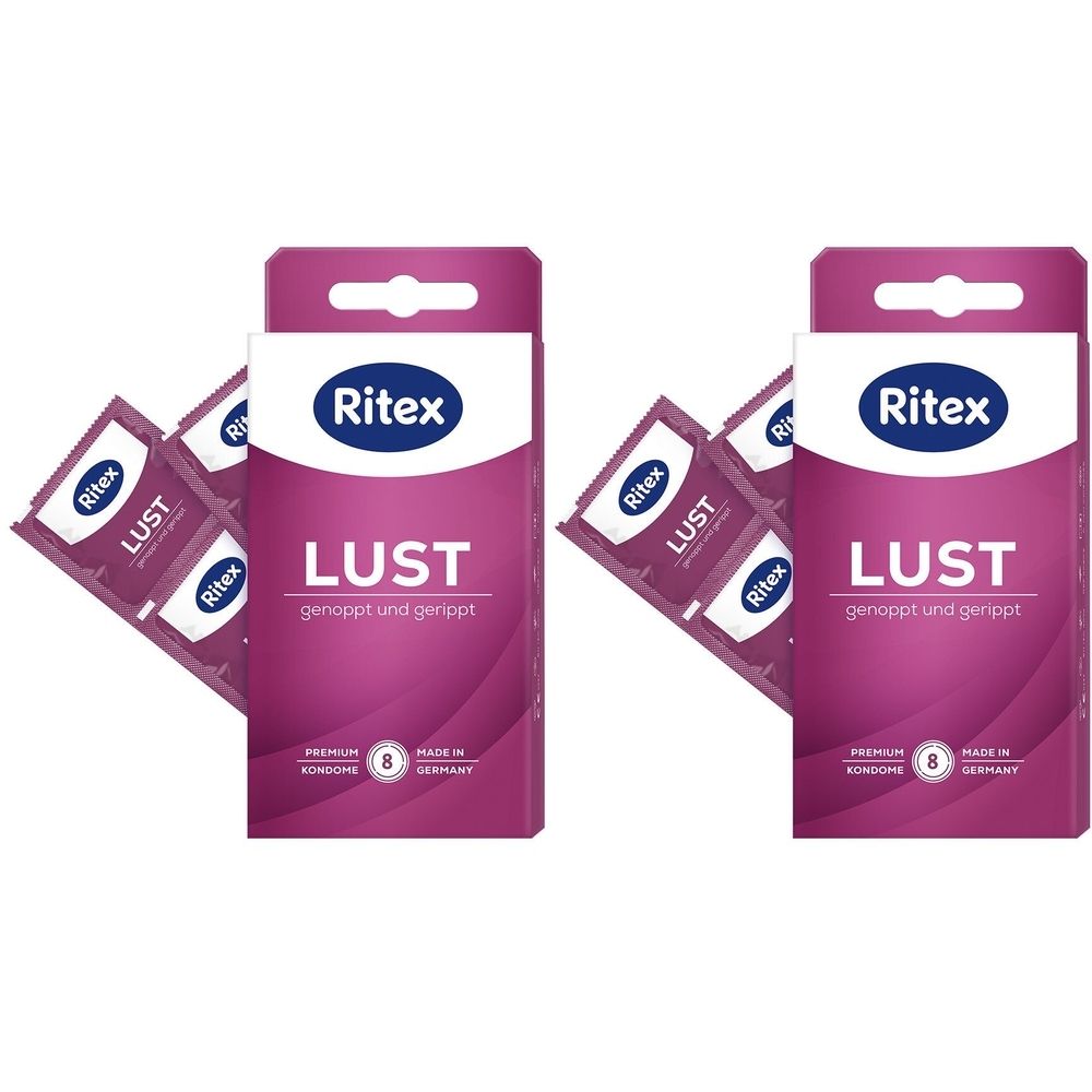 Zwei Packungen Kondome mit der Aufschrift "Ritex LUST". Jede Packung enthält 8 Kondome. Einzelne Kondome sind sichtbar.
