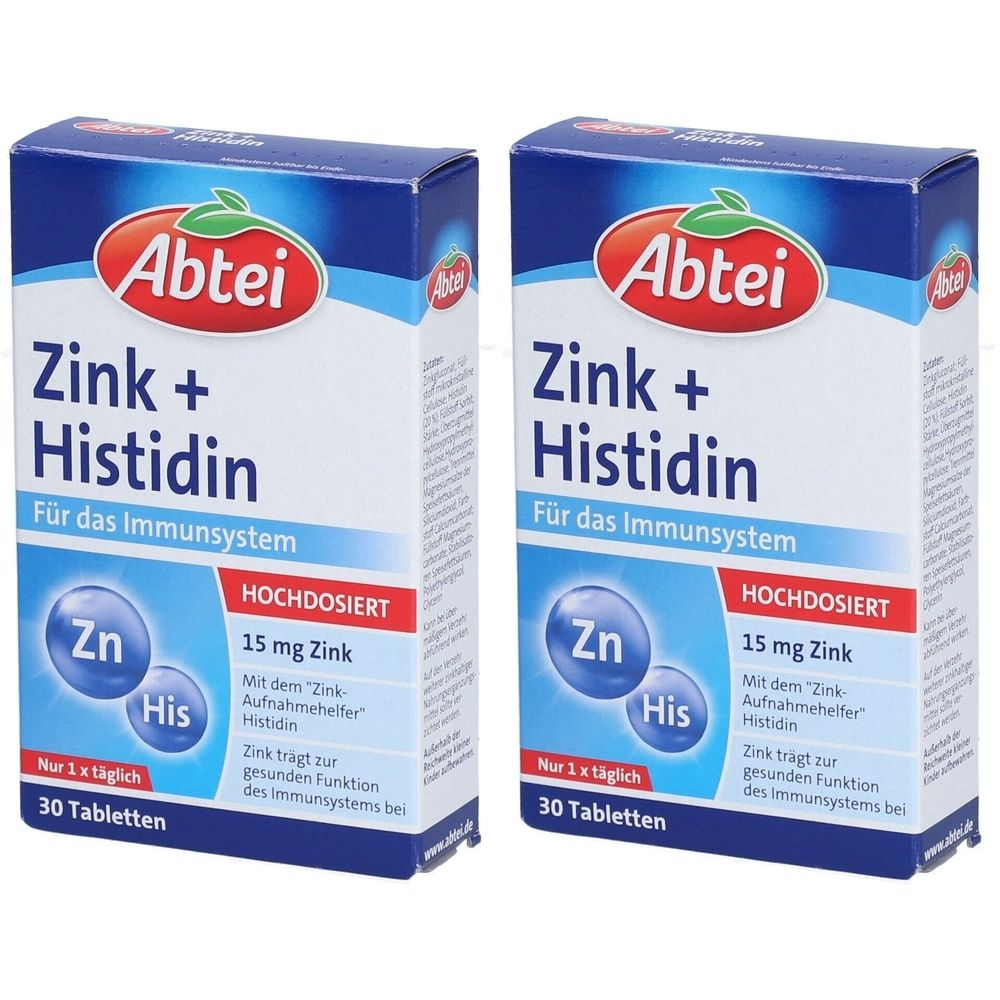 Zwei Schachteln Abtei Zink + Histidin Tabletten. Blaue Verpackung mit Produktnamen und Inhaltsangaben. 30 Tabletten, 15 mg Zink.