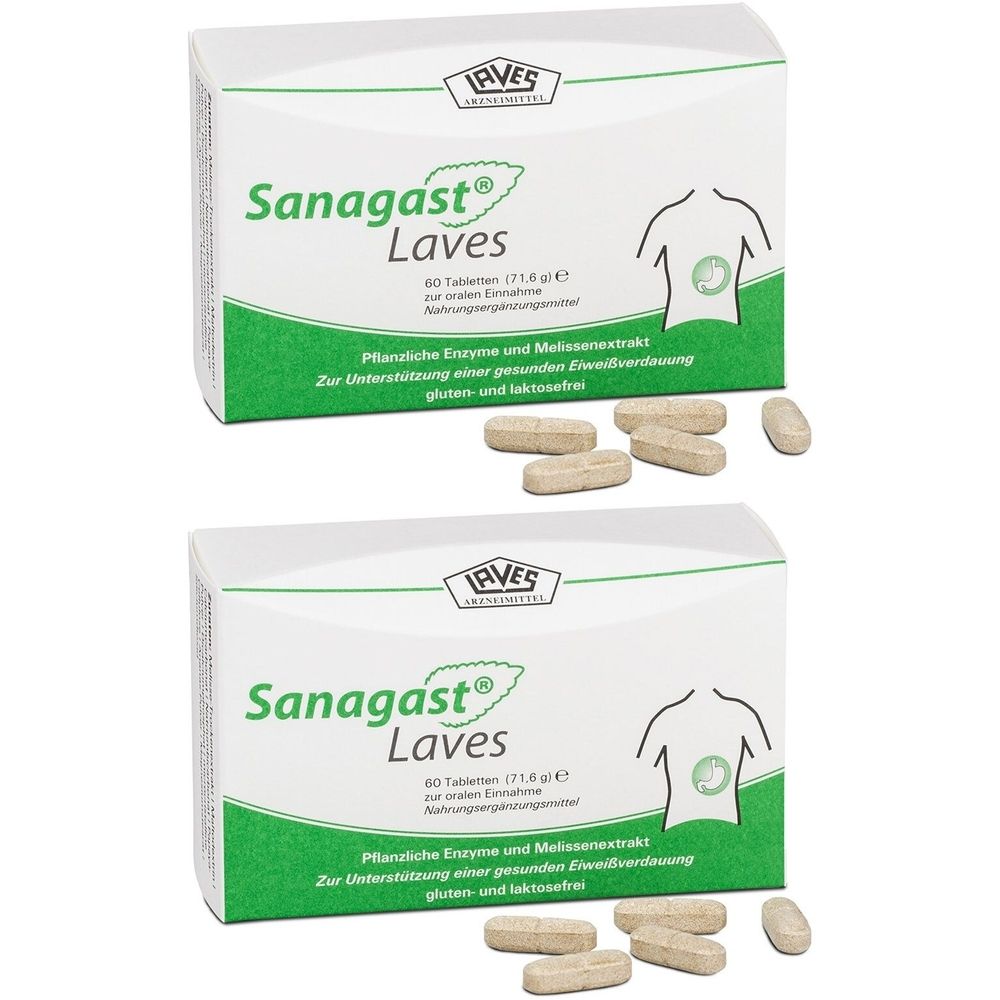 Zwei Schachteln Sanagast Laves mit Tabletten. Aufschrift: 90 Tabletten, gluten- und laktosefrei. Abbildung eines menschlichen Körpers.