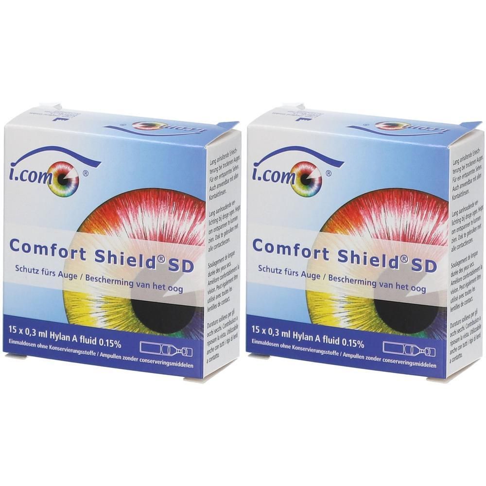 Zwei Packungen i.com Comfort Shield® SD mit je 15 x 0,3 ml Hylan A fluid 0,15%. Schutz für Auge.