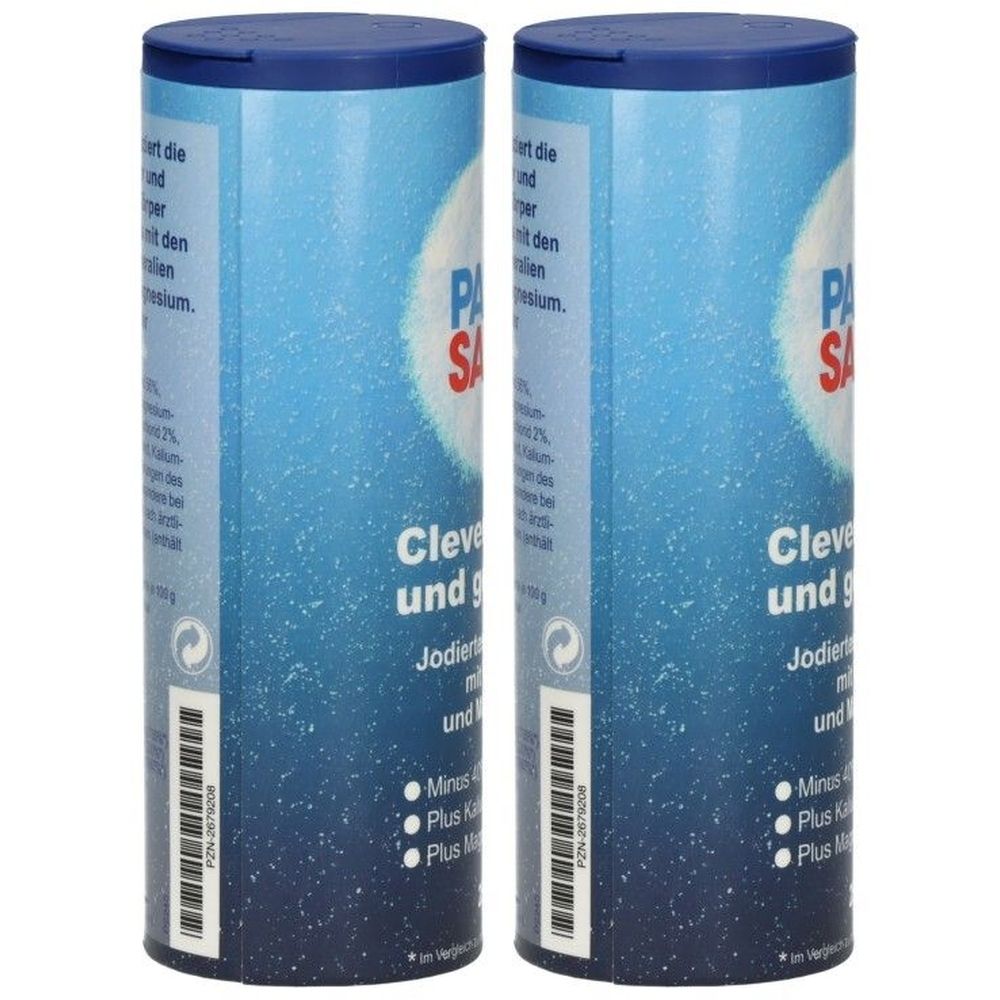 Zwei zylindrische Behälter mit blauem Deckel. Aufschrift: PANSALZ. Text in deutscher Sprache. Barcode und weitere Informationen auf der Verpackung.