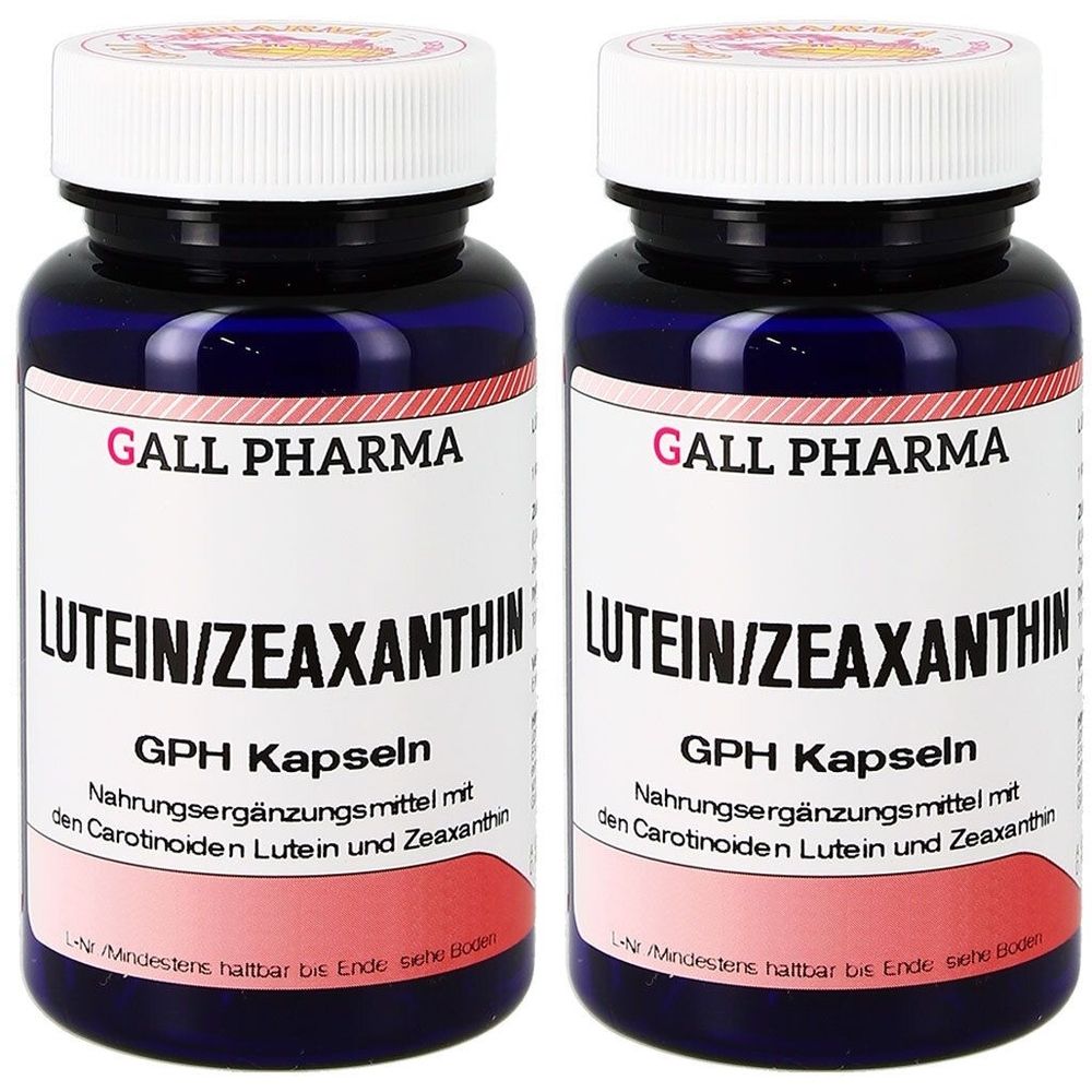 Zwei Flaschen mit weißem Deckel und blauem Körper. Auf dem Etikett steht "GALL PHARMA Lutein/Zeaxanthin GPH Kapseln".
