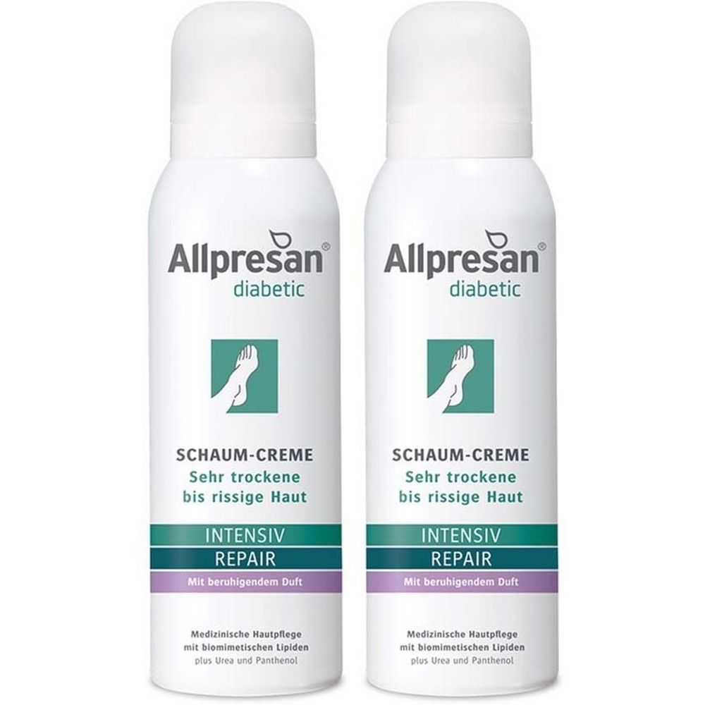 Zwei weiße Sprühdosen mit weißem Deckel. Aufschrift: Allpresan diabetic, Schaum-Creme, Intensiv Repair. Abbildung eines Fußes.