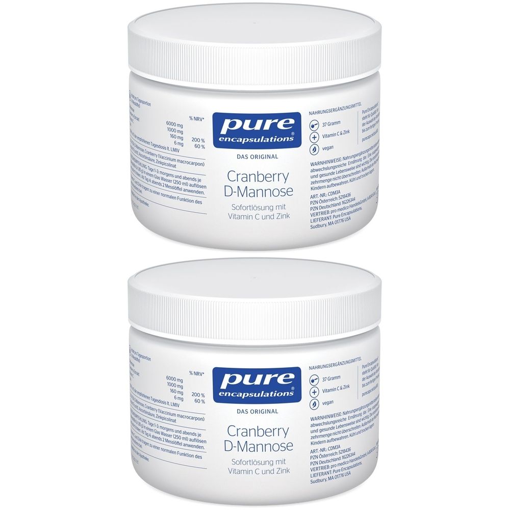 Zwei weiße Dosen mit Deckel. Aufschrift: Pure Encapsulations, Cranberry D-Mannose, Vitamin C und Zink.