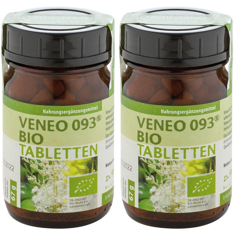 Zwei braune Glasflaschen mit schwarzen Deckeln. Auf den Etiketten steht "VENEO 093 BIO Tabletten". Bio-Siegel und Gewichtsangabe.