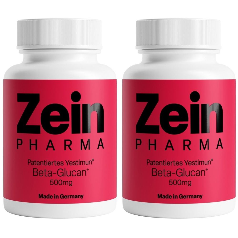 Zwei weiße Flaschen mit rotem Etikett. Aufschrift: Zein Pharma, Beta-Glucan 500mg. Hergestellt in Deutschland.