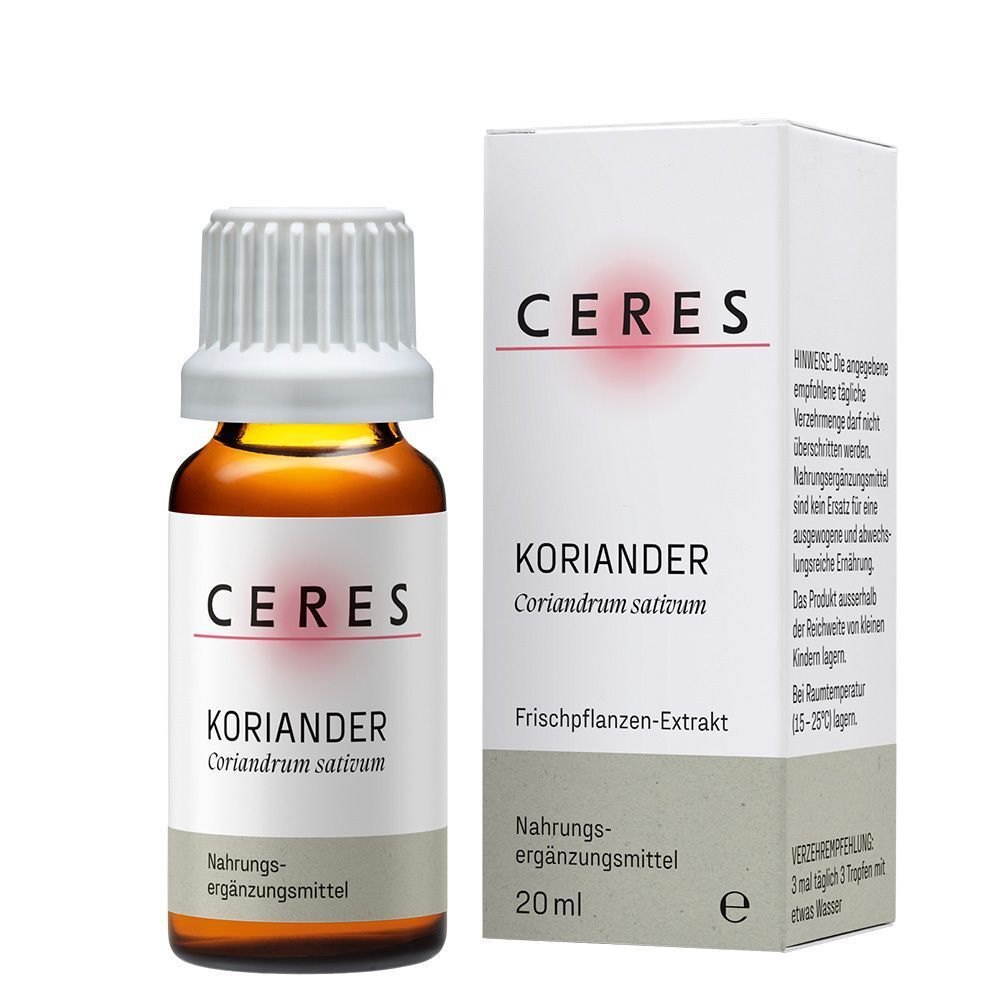 CERES Koriander Extrakt Tropfen Fläschchen und Faltschachtel. Enthält 20ml.