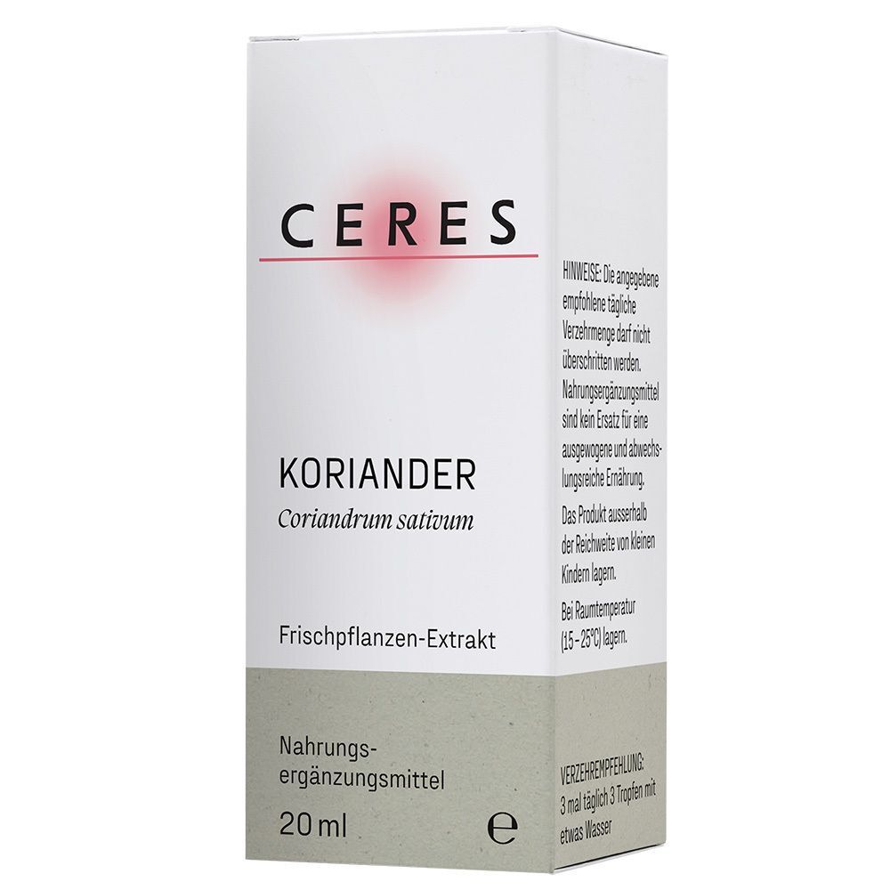 Vorderseite der CERES Koriander Extrakt Tropfen Faltschachtel mit Produktinformationen und 20ml Angabe.