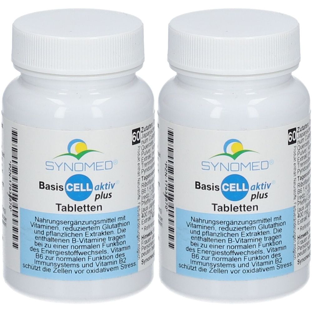 Zwei weiße Tablettenflaschen mit blau-weißem Etikett. Aufschrift: Basis CELL aktiv plus Tabletten. 60 Tabletten pro Flasche.