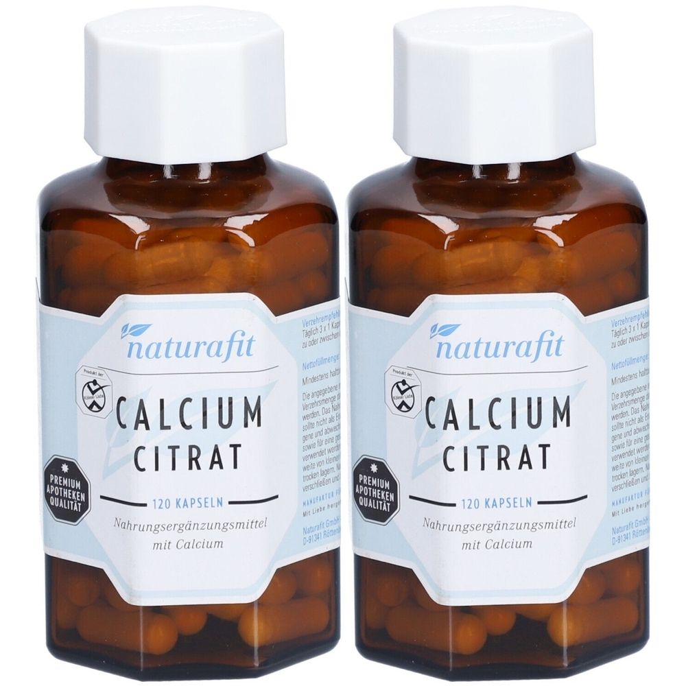 Zwei braune Glasflaschen mit weißen Deckeln. Auf den Etiketten steht "naturafit CALCIUM CITRAT". Darunter "120 Kapseln".