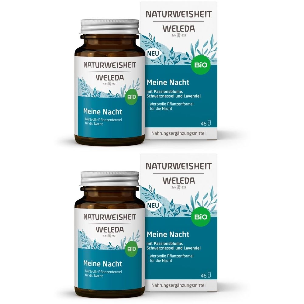Zwei Flaschen und zwei Schachteln von Weleda Naturweisheit Meine Nacht. Aufschrift: Bio, 46 Kapseln. Braune Glasflaschen mit silbernem Deckel.