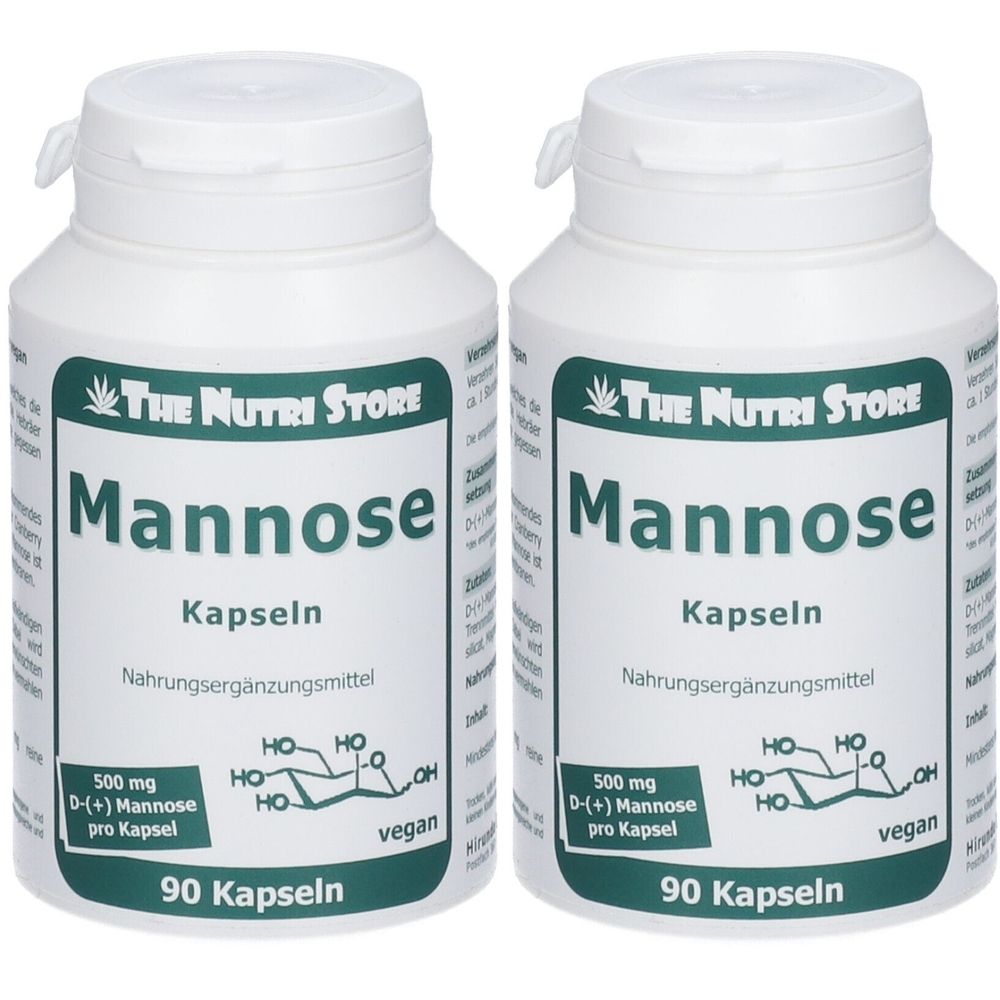 Zwei weiße Flaschen mit Etiketten. Aufschrift: Mannose Kapseln, 500 mg D-(+) Mannose, 90 Kapseln, vegan. Marke: The Nutri Store.
