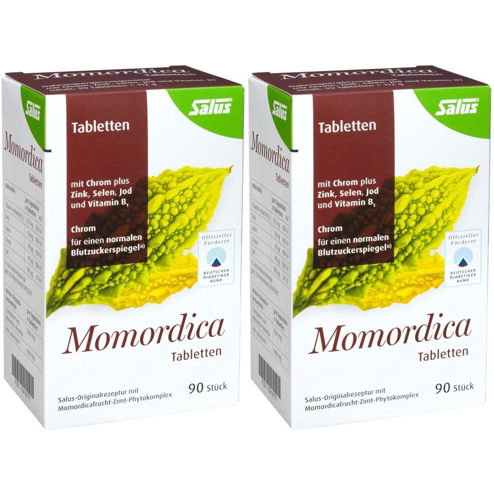 Zwei Schachteln Salus Momordica Tabletten. Aufschrift: Chrom, Zink, Selen, Jod, Vitamin B. 90 Stück. Mit deutschem Qualitätssiegel.