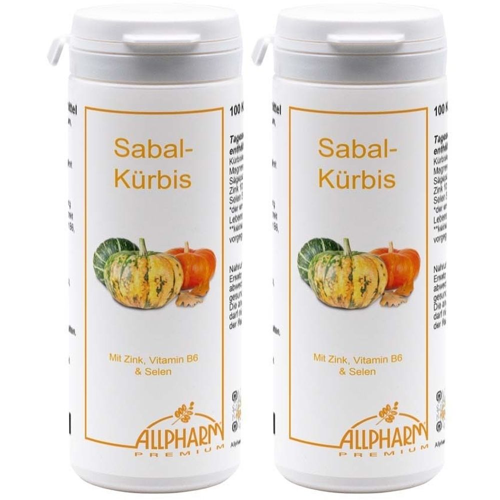 Zwei weiße Flaschen mit dem Aufdruck "Sabal-Kürbis". Abgebildet sind Kürbisse. Text: Mit Zink, Vitamin B6 & Selen. Marke: ALLPHARM.