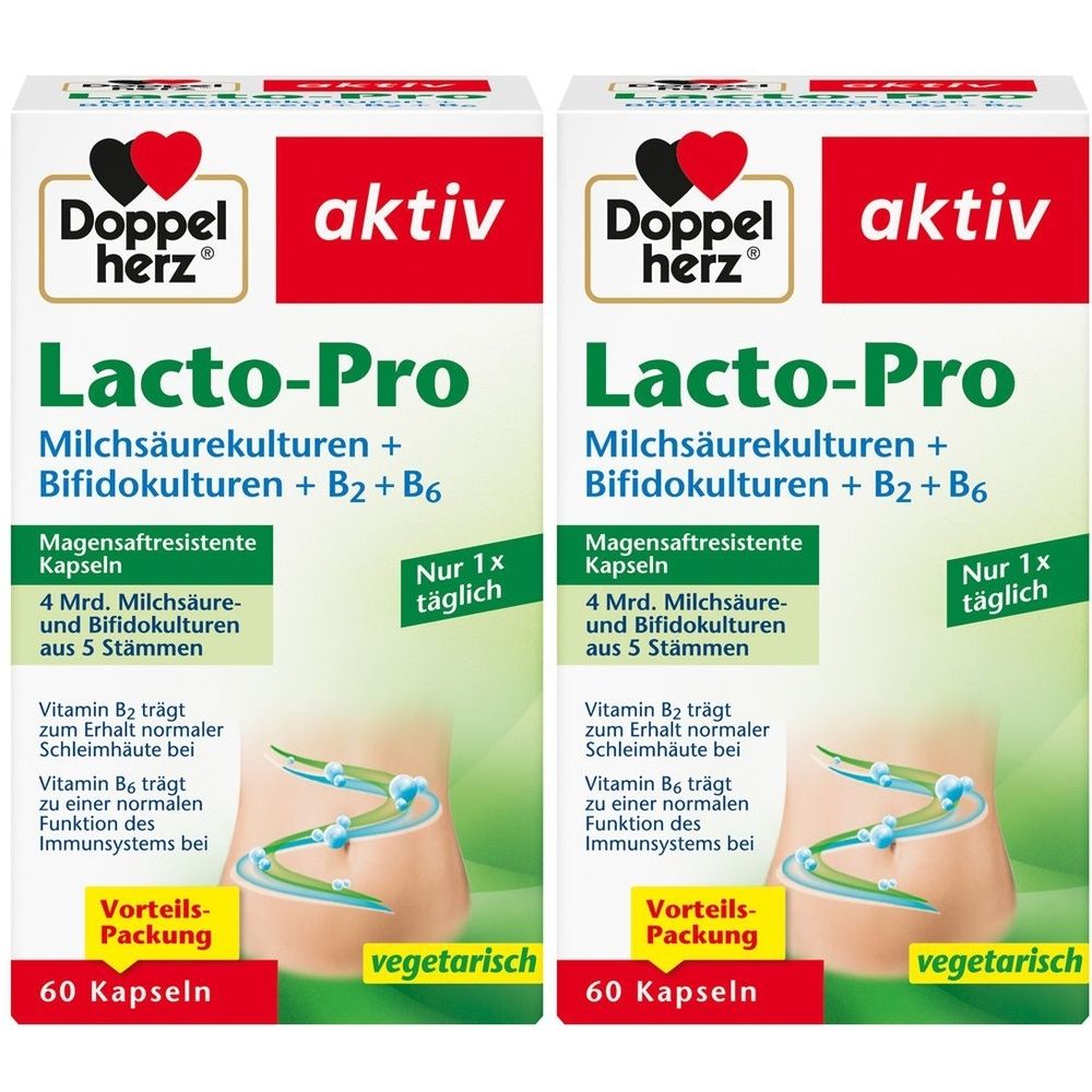 Zwei Packungen Doppelherz aktiv Lacto-Pro. Weiße Kartons mit rotem Deckel. Aufschrift Lacto-Pro, 60 Kapseln, vegetarisch. Enthält Milchsäurekulturen.