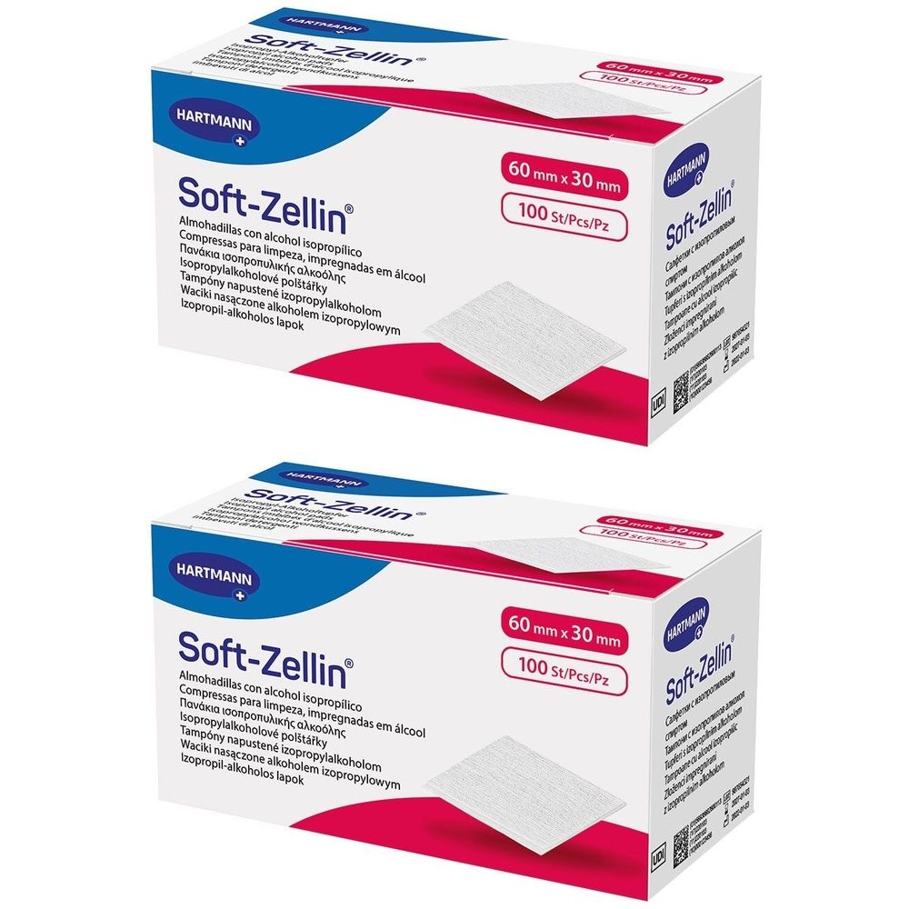 Zwei Kartons mit Soft-Zellin® Alkoholtupfern. Aufdrucke: 60mm x 30mm, 100 Stück. Marke: HARTMANN.