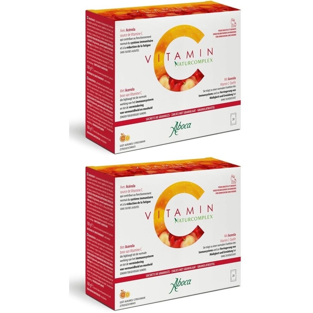 Zwei Kartons mit Vitamin C Naturcomplex Granulat. Aufschrift: Vitamin C Naturcomplex. Marke: Aboca. Rote und weiße Verpackung.