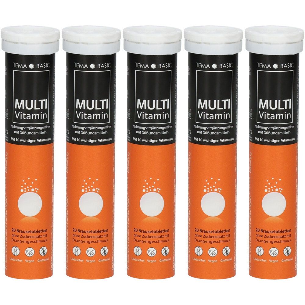 Fünf zylindrische Behälter mit weißen Deckeln. Aufschrift: TEMA BASIC, MULTI Vitamin. Enthält 20 Brausetabletten mit Orangengeschmack.