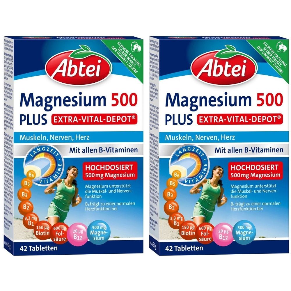 Zwei Packungen Abtei Magnesium 500 Plus. Blaue Verpackung mit Produktnamen und Logo. Enthält 42 Tabletten.