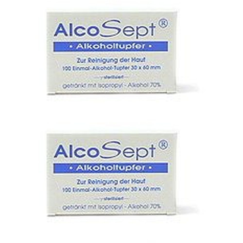 Zwei Packungen AlcoSept® Alkoholtupfer. Weiße Verpackung mit blauem Schriftzug. Text: Alkoholtupfer, 100 Stück, 30 x 60 mm.