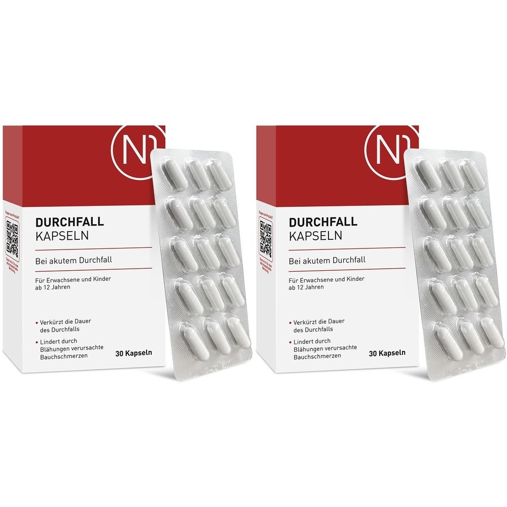Zwei Packungen mit Kapseln. Aufschrift: Durchfall Kapseln. Blisterpackungen mit weißen Kapseln. Rote und weiße Verpackung.
