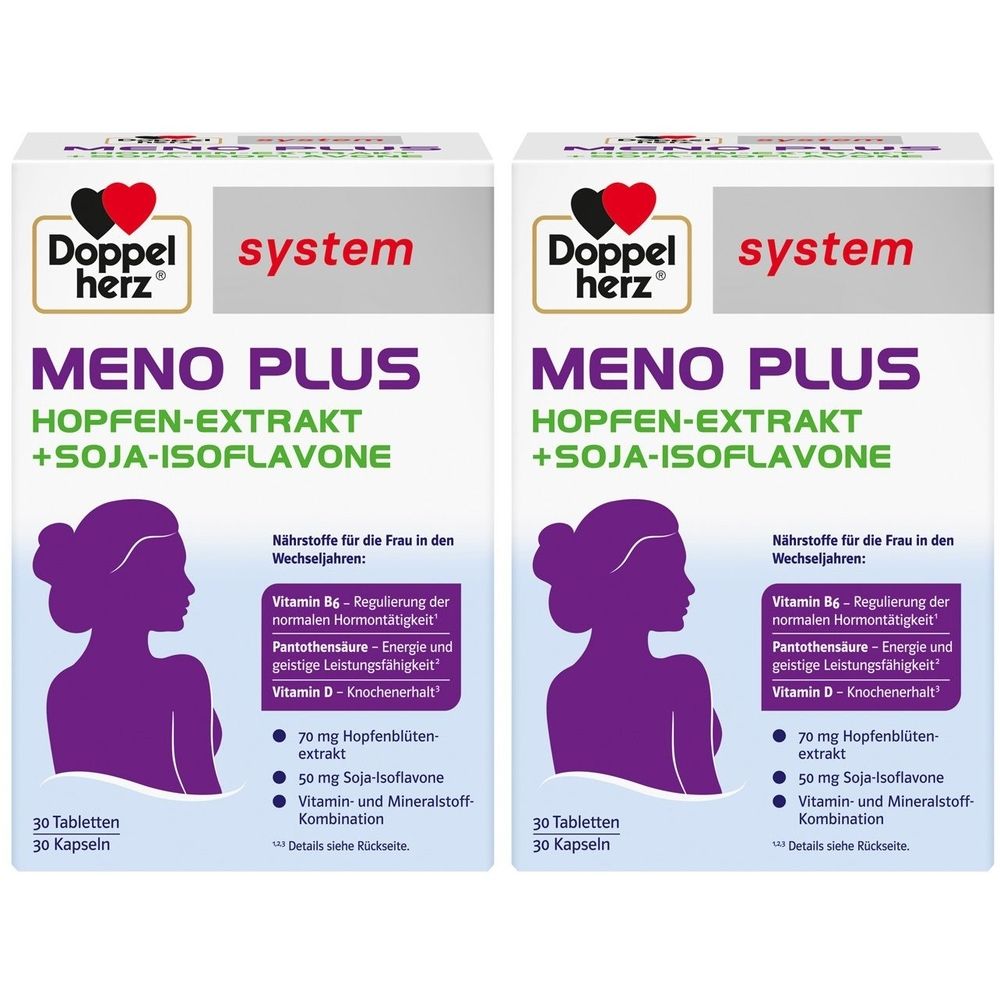 Zwei Kombipackungen Doppelherz Meno Plus. Weiße Schachteln mit lila Schrift und Frauensilhouette. Enthält Tabletten und Kapseln.