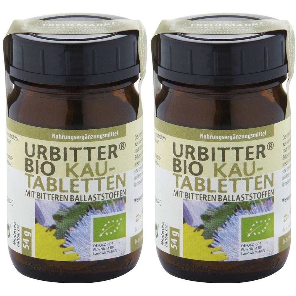 Zwei braune Glasflaschen mit schwarzen Deckeln. Auf den Etiketten steht URBITTER BIO KAU-TABLETTEN. Mit Bio-Siegel und 54g.