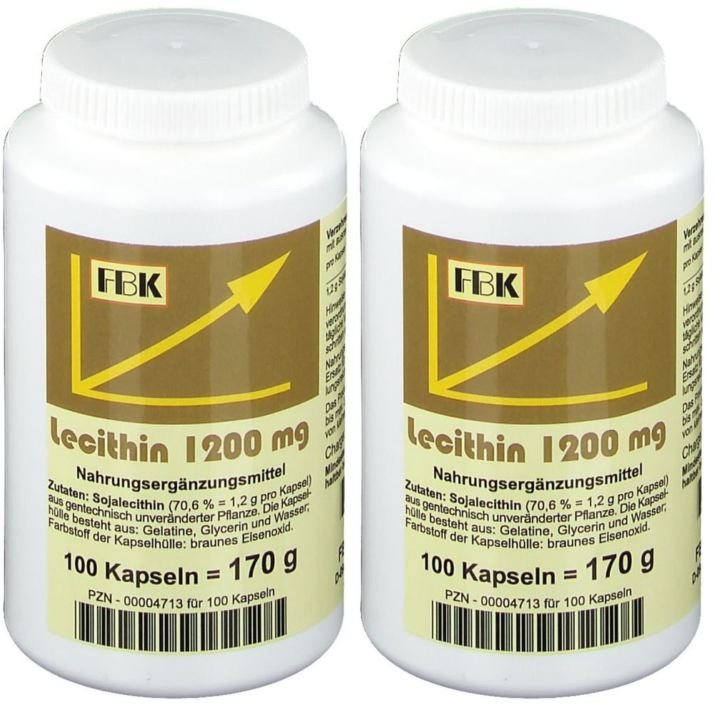 Zwei weiße Flaschen mit Schraubverschluss. Aufkleber mit Produktinformationen: Lecithin 1200 mg, 100 Kapseln. Braune Schrift auf beigem Grund.