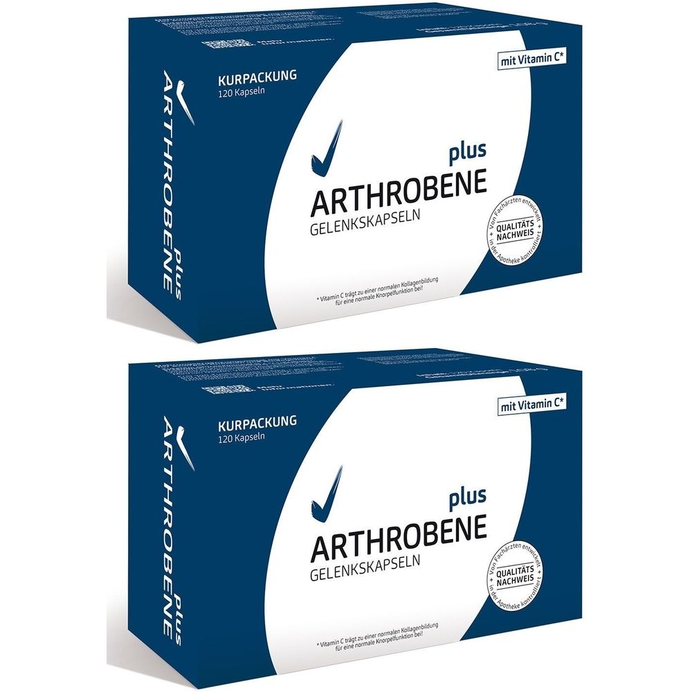 Zwei blaue Kartons mit der Aufschrift Arthrobene plus Gelenkkapseln. Aufschrift: Kurpackung, 120 Kapseln, mit Vitamin C.