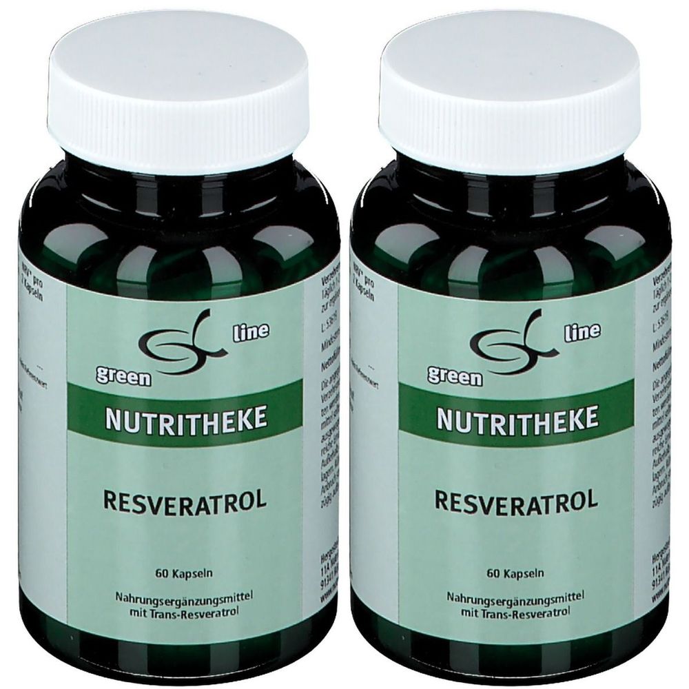 Zwei Flaschen mit grünen Kapseln. Auf dem Etikett steht "green line NUTRITHEKE Resveratrol". Jede Flasche enthält 60 Kapseln.