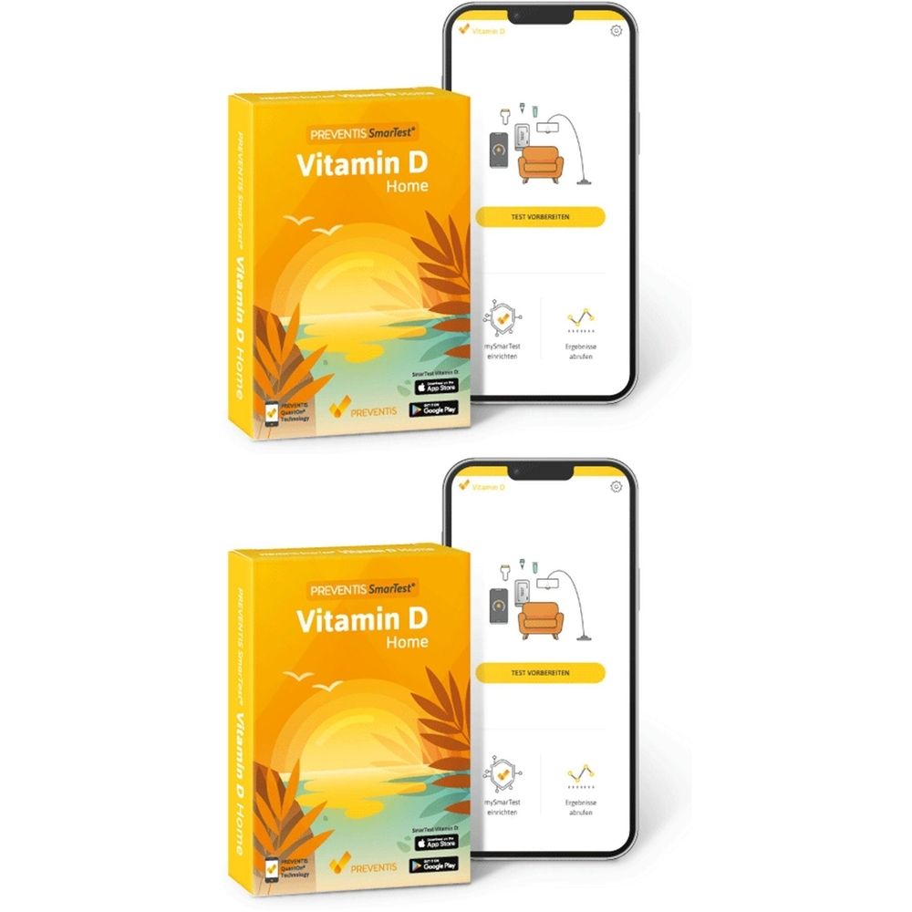 Zwei gelbe Produktverpackungen mit "Vitamin D Home"-Aufdruck. Daneben zwei Smartphones mit App-Anzeige. Logo: Preventis SmarTest®.