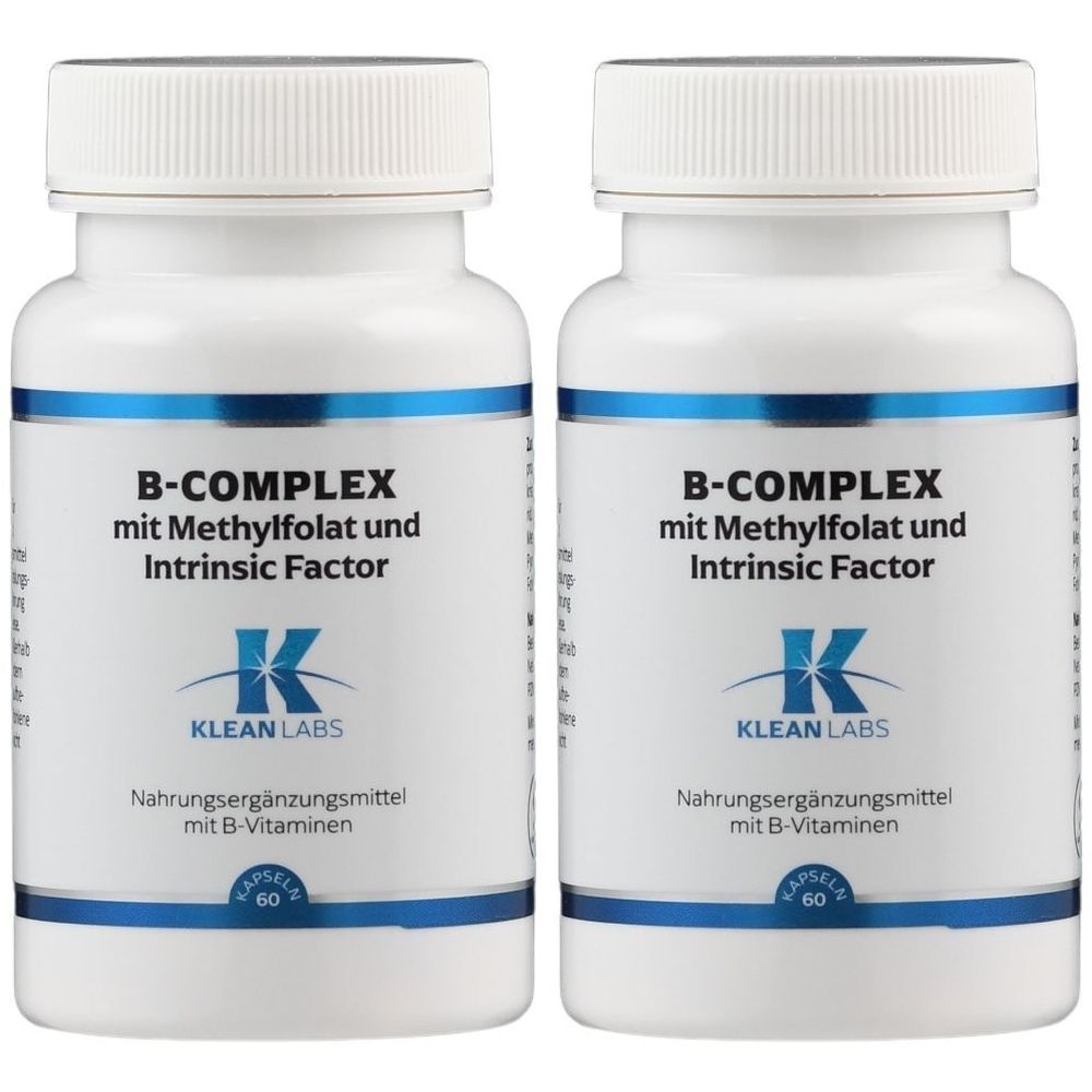 Zwei weiße Flaschen mit blauer Beschriftung. Aufschrift: B-Complex mit Methylfolat und Intrinsic Factor. Marke: KLEAN LABS. Nahrungsergänzungsmittel.