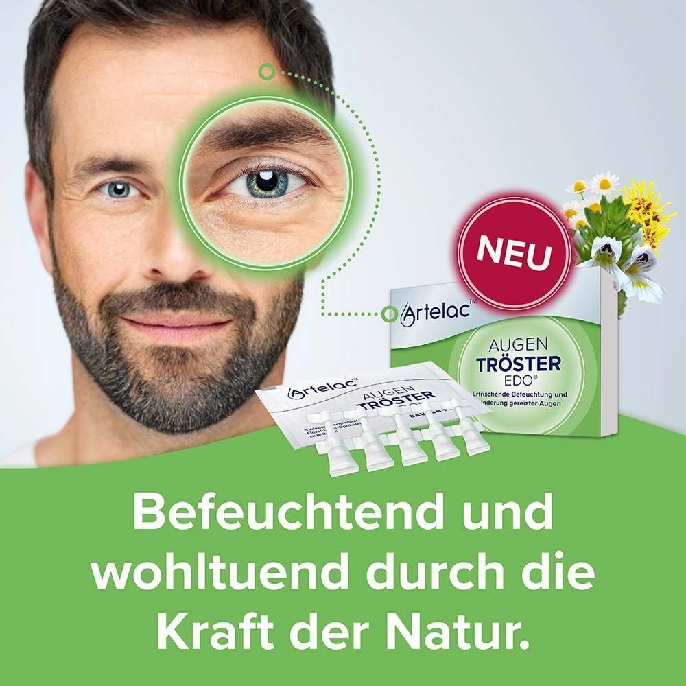 Mann mit Lupe auf Auge, daneben Artelac AUGEN TRÖSTER EDO® Packung und Pipetten.