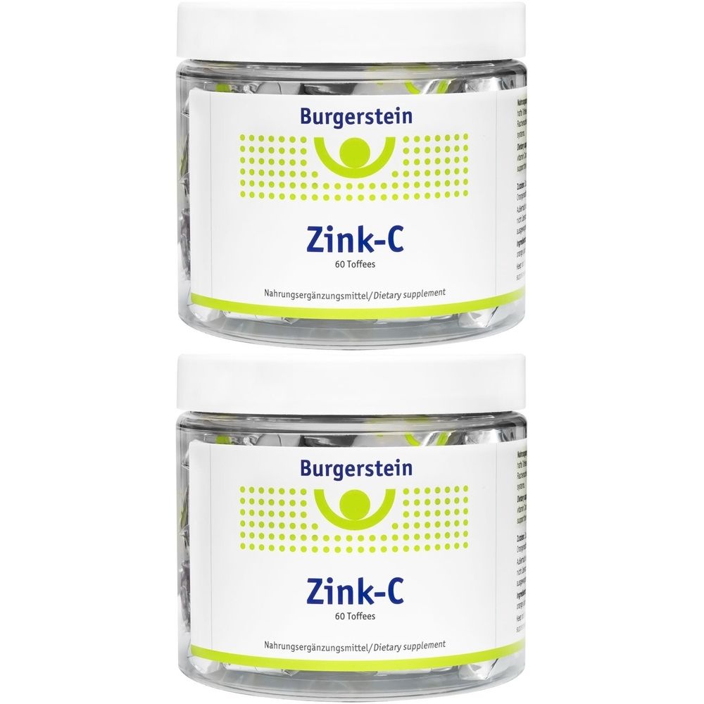 Zwei Gläser Burgerstein Zink-C. Aufschrift: Zink-C, 60 Toffees. Nahrungsergänzungsmittel. Weißer Deckel, transparente Dose.