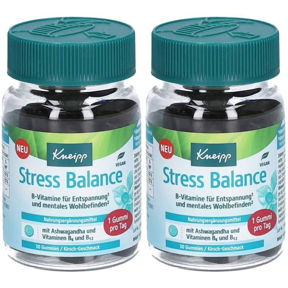 Zwei Flaschen Kneipp Stress Balance Gummies. Klare Kunststoffbehälter mit grünem Deckel. Aufschrift: Stress Balance, B-Vitamine, Ashwagandha, Kirschgeschmack.
