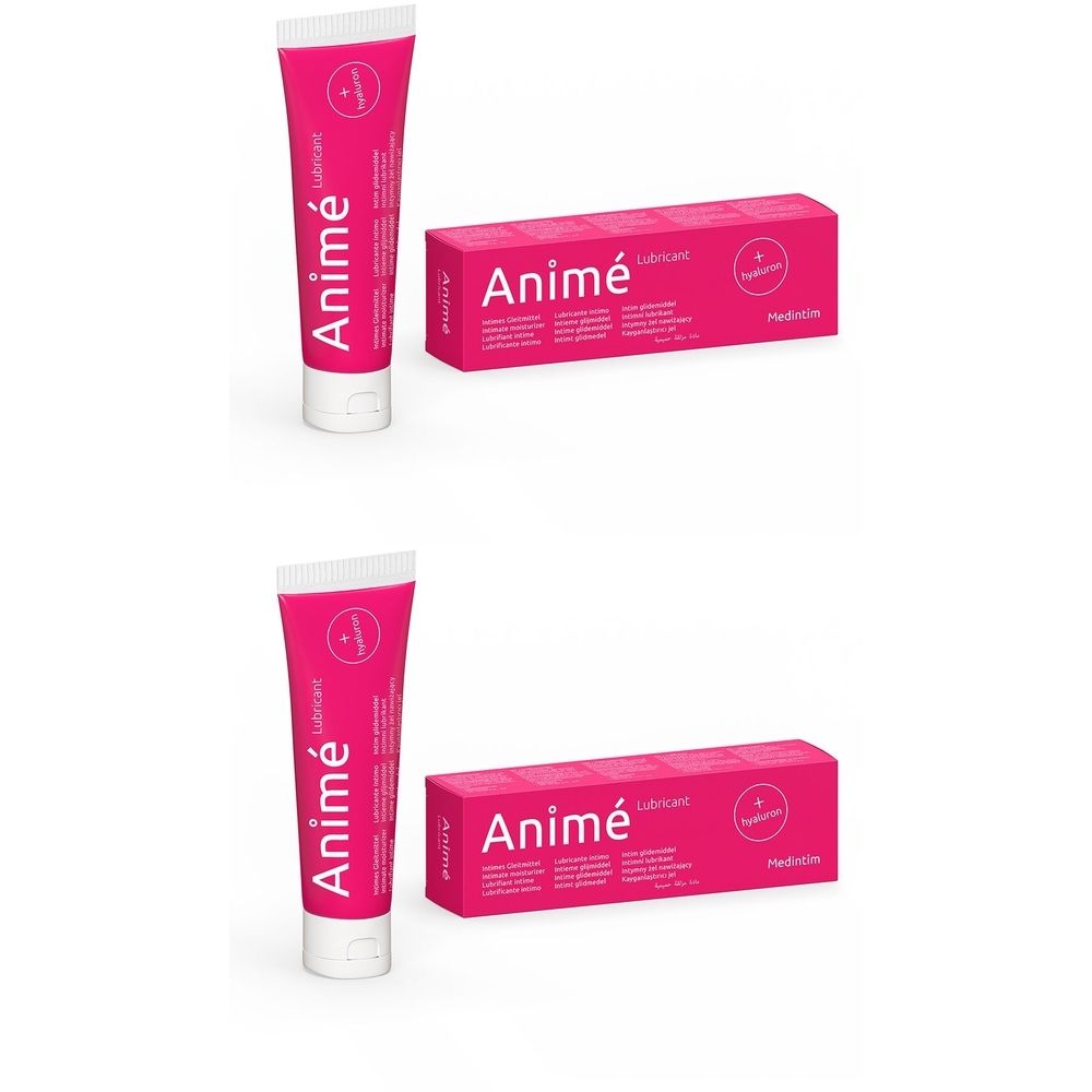 Rosa Tube und Schachtel. Aufschrift "Animé Lubricant". Weißer Hintergrund. Produktverpackung.