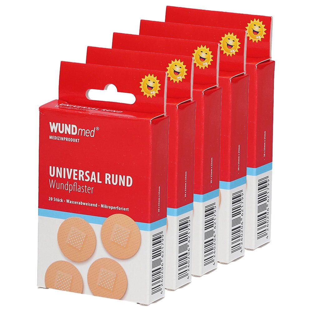 Mehrere Packungen Wundpflaster. Rote Verpackung mit Produktnamen und Sonnen-Logo. Pflaster in runder Form sichtbar.