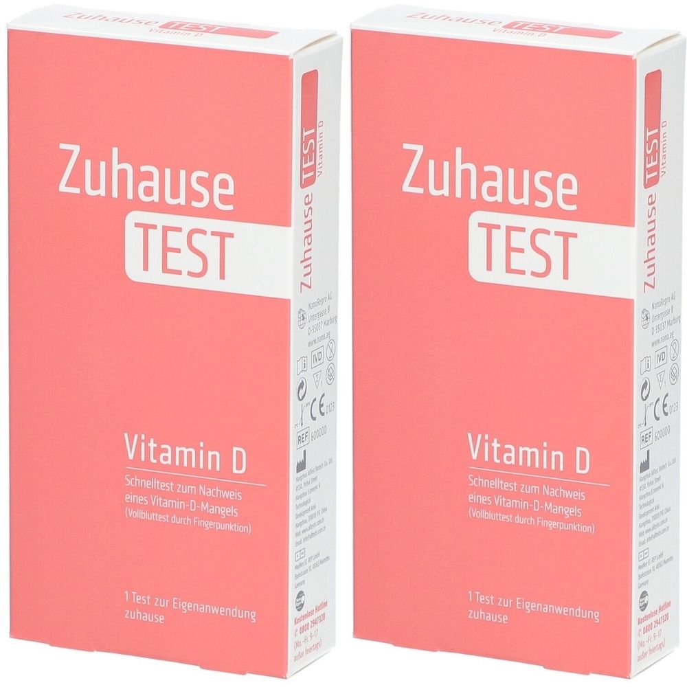Zwei rechteckige Schachteln. Aufschrift: Zuhause TEST Vitamin D. Schneltest zur Eigenanwendung. CE-Zeichen.