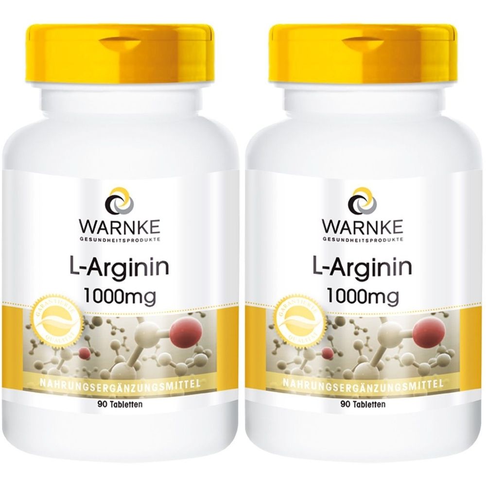 Zwei weiße Flaschen mit gelben Deckeln. Aufschrift: WARNKE L-Arginin 1000mg. Nahrungsergänzungsmittel. 90 Tabletten.