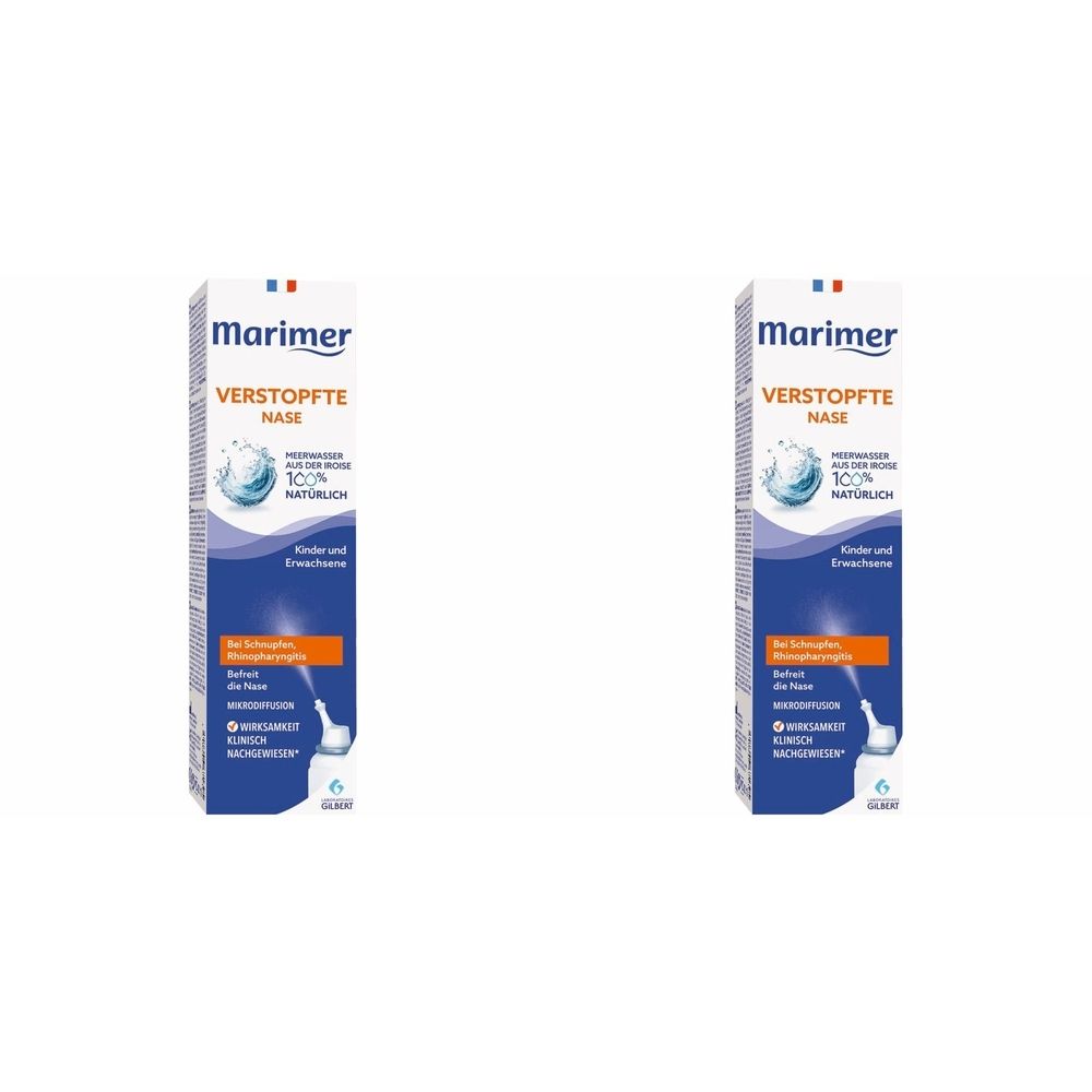 Zwei Packungen Nasenspray. Weiße Schachtel mit blauem und orangefarbenem Design. Aufschrift: Marimer, VERSTOPFTE NASE, 100% natürlich.