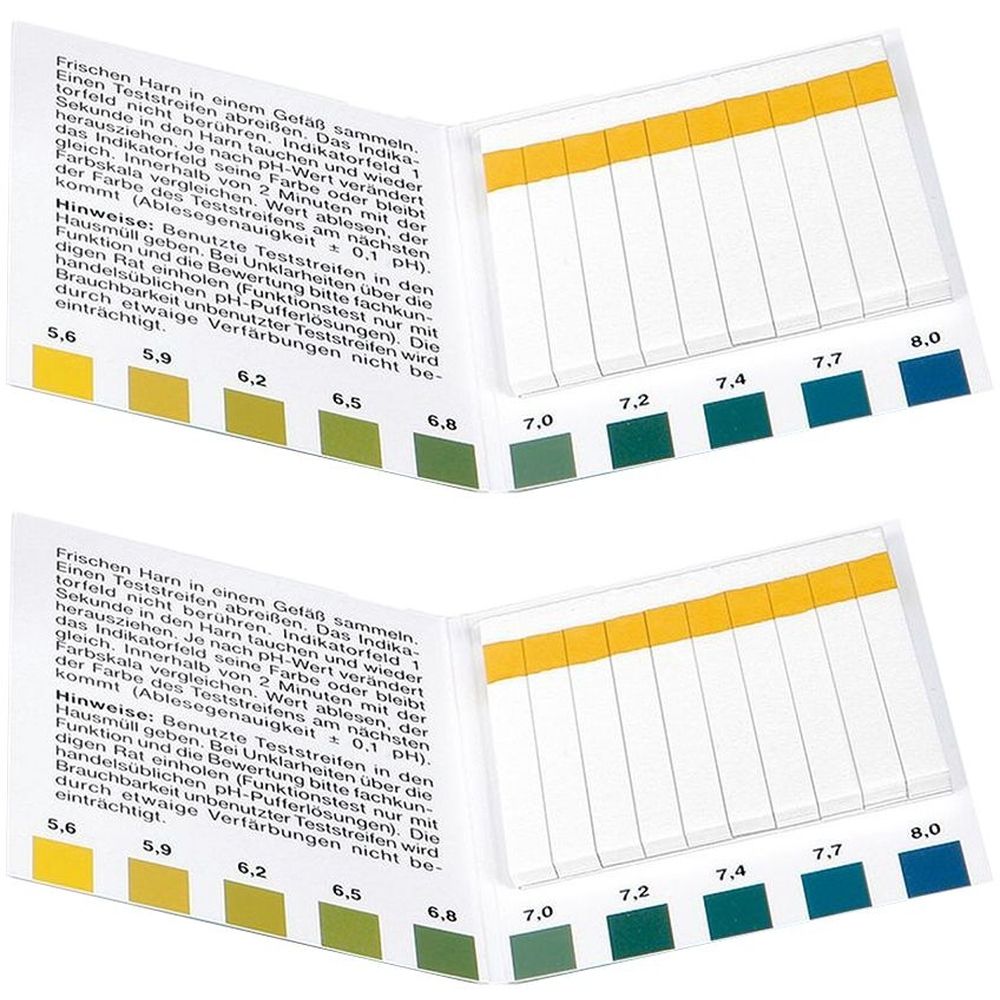Zwei pH-Teststreifen-Sets. Jedes Set enthält einen Streifen mit farbigen pH-Werten und einen Streifen mit Teststreifen.