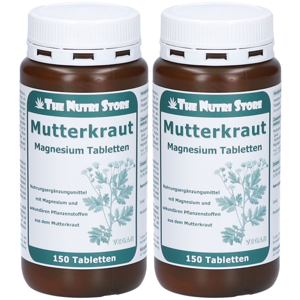 Zwei braune Flaschen mit weißen Deckeln. Auf den Etiketten steht "Mutterkraut Magnesium Tabletten". 150 Tabletten, vegan.