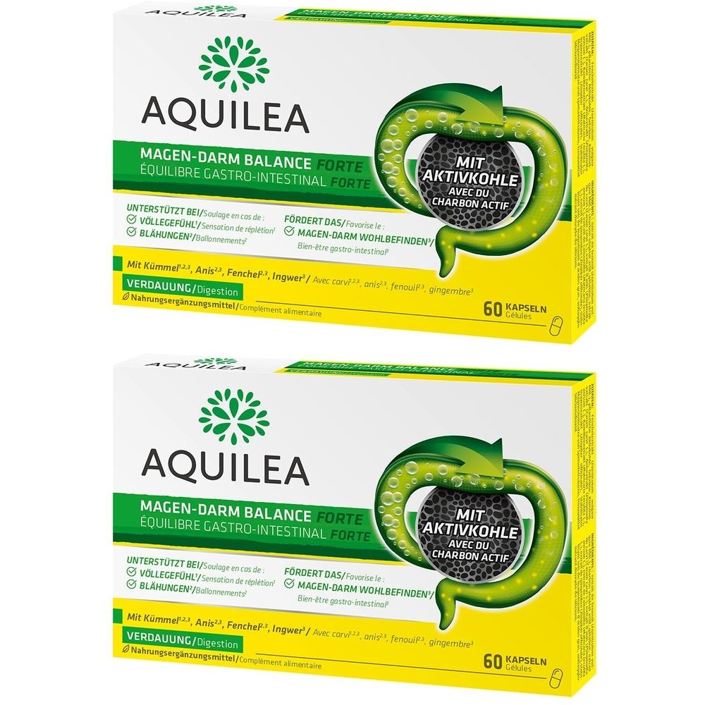 Zwei Schachteln mit AQUILEA Magen-Darm Balance Forte. Gelbe und weiße Verpackung. Enthält 60 Kapseln. Mit Aktivkohle.