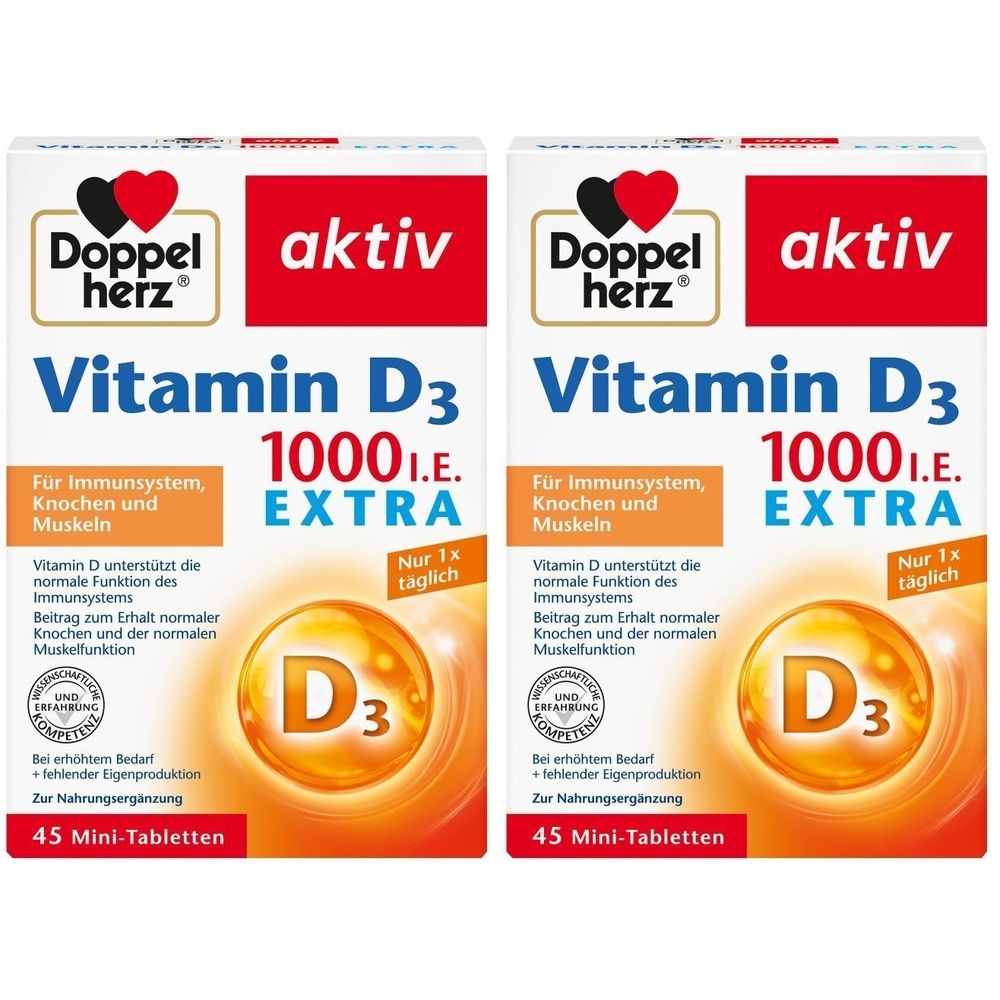 Zwei Packungen Doppelherz aktiv Vitamin D3 1000 I.E. EXTRA. Weiße Schachteln mit Produktinformationen und Logo.
