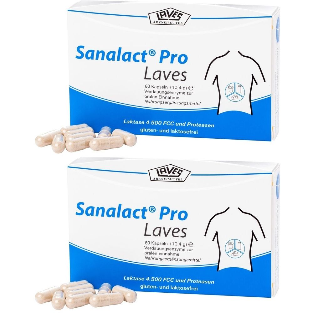 Zwei Schachteln Sanalact® Pro Laves mit Kapseln. Aufschrift: 60 Kapseln, Verdauungsenzyme, gluten- und laktosefrei. Logo: LAVES.